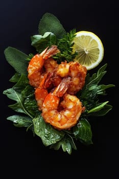 Fried shrimps on a plate with vegetables, Generative AI, food