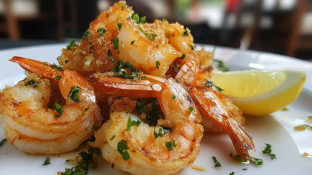 Fried shrimps on a plate with vegetables, Generative AI, food