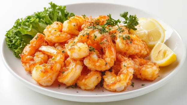 Fried shrimps on a plate with vegetables, Generative AI, food
