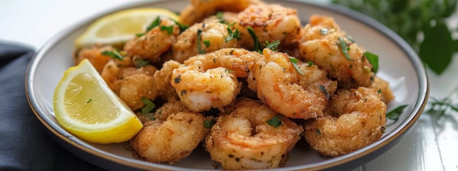 Fried shrimps on a plate with vegetables, Generative AI, food