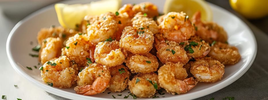 Fried shrimps on a plate with vegetables, Generative AI, food