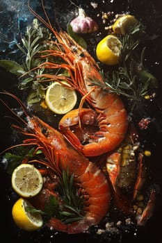 Fried shrimps on a plate with vegetables, Generative AI, food