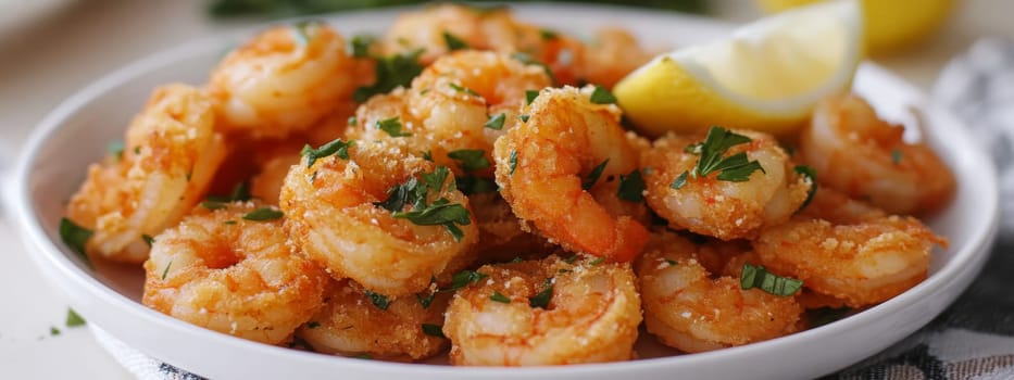 Fried shrimps on a plate with vegetables, Generative AI, food