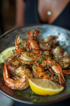 Fried shrimps on a plate with vegetables, Generative AI, food