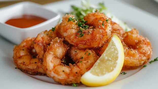 Fried shrimps on a plate with vegetables, Generative AI, food