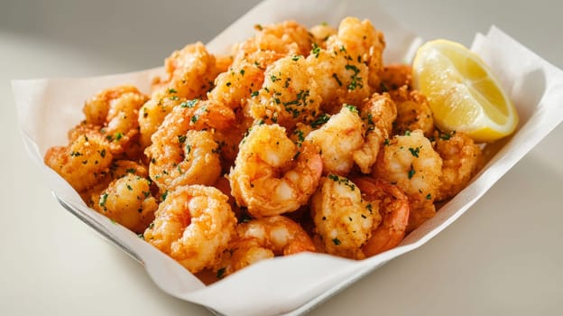 Fried shrimps on a plate with vegetables, Generative AI, food
