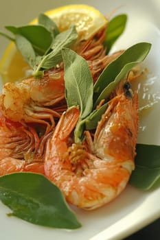 Fried shrimps on a plate with vegetables, Generative AI, food