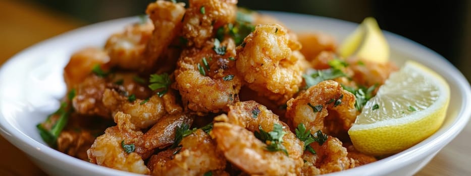 Fried shrimps on a plate with vegetables, Generative AI, food