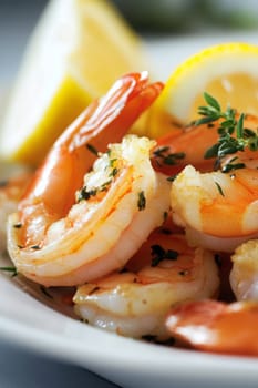 Fried shrimps on a plate with vegetables, Generative AI, food