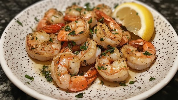 Fried shrimps on a plate with vegetables, Generative AI, food