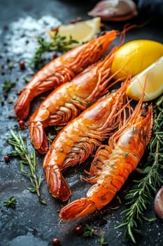 Fried shrimps on a plate with vegetables, Generative AI, food