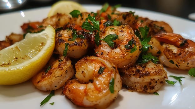 Fried shrimps on a plate with vegetables, Generative AI, food