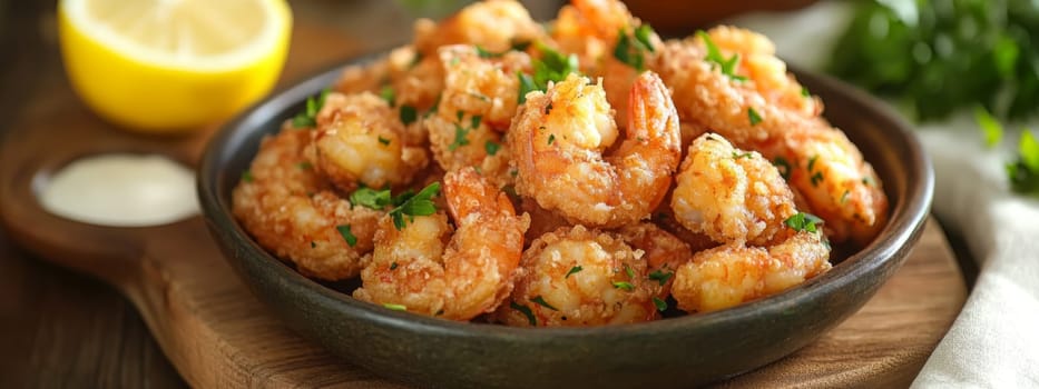 Fried shrimps on a plate with vegetables, Generative AI, food