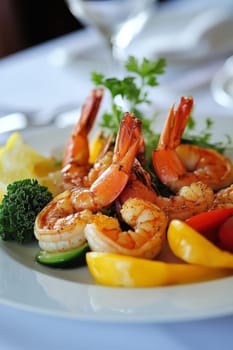 Fried shrimps on a plate with vegetables, Generative AI, food
