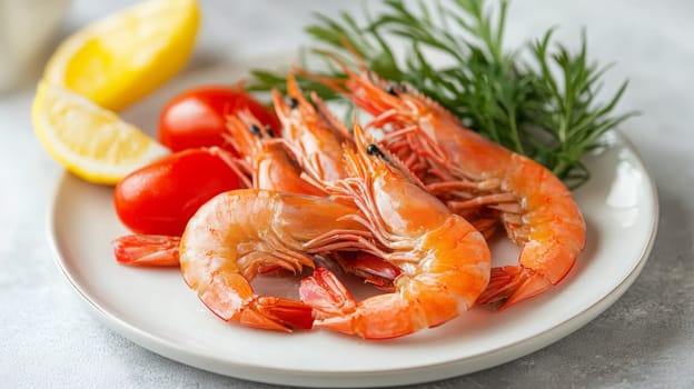 Fried shrimps on a plate with vegetables, Generative AI, food