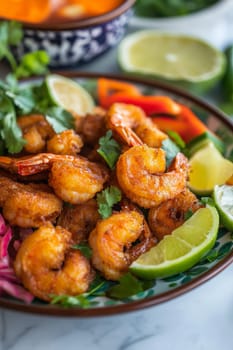 Fried shrimps on a plate with vegetables, Generative AI, food