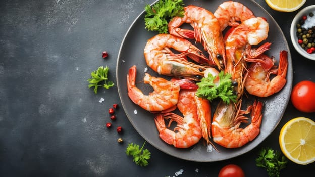 Fried shrimps on a plate with vegetables, Generative AI, food