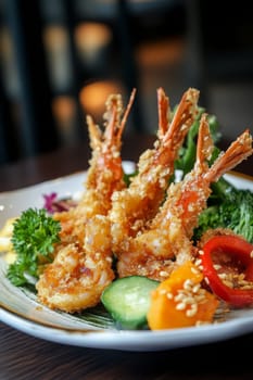 Fried shrimps on a plate with vegetables, Generative AI, food