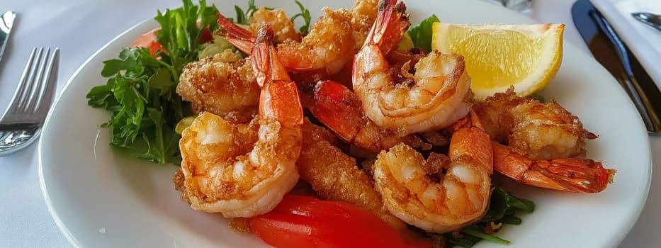 Fried shrimps on a plate with vegetables, Generative AI, food