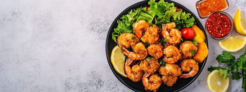 Fried shrimps on a plate with vegetables, Generative AI, food