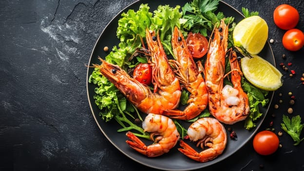 Fried shrimps on a plate with vegetables, Generative AI, food