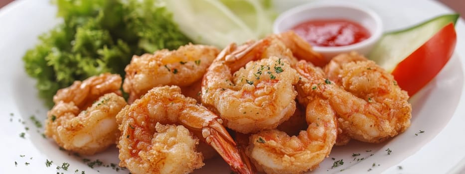 Fried shrimps on a plate with vegetables, Generative AI, food