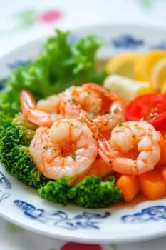 Fried shrimps on a plate with vegetables, Generative AI, food