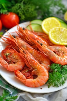 Fried shrimps on a plate with vegetables, Generative AI, food