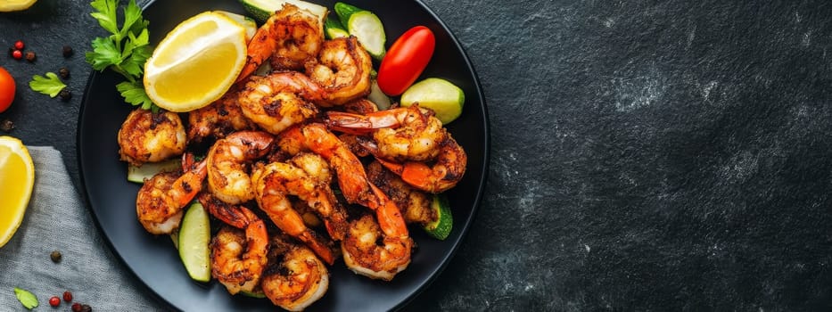 Fried shrimps on a plate with vegetables, Generative AI, food