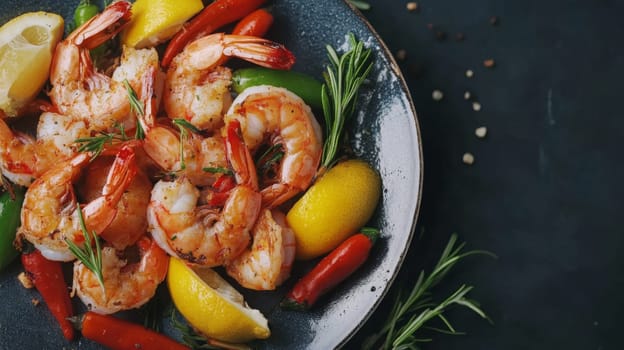 Fried shrimps on a plate with vegetables, Generative AI, food