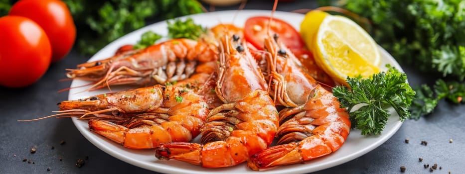 Fried shrimps on a plate with vegetables, Generative AI, food
