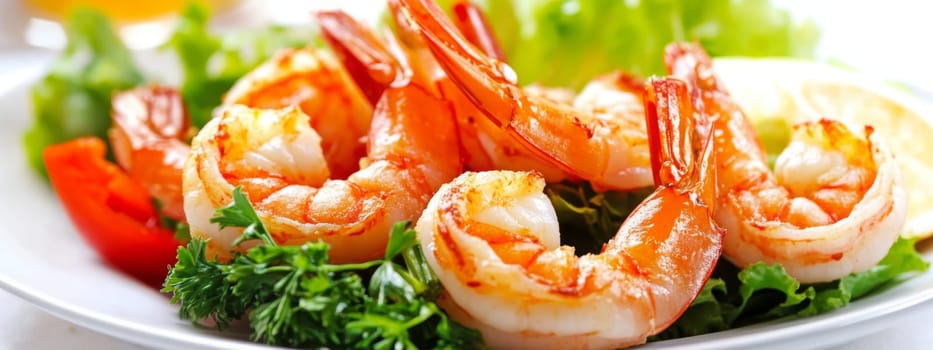 Fried shrimps on a plate with vegetables, Generative AI, food