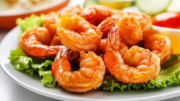 Fried shrimps on a plate with vegetables, Generative AI, food