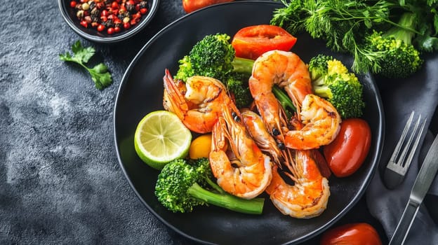 Fried shrimps on a plate with vegetables, Generative AI, food