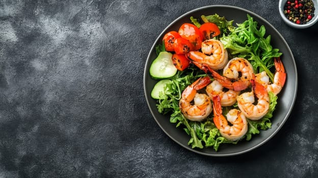 Fried shrimps on a plate with vegetables, Generative AI, food