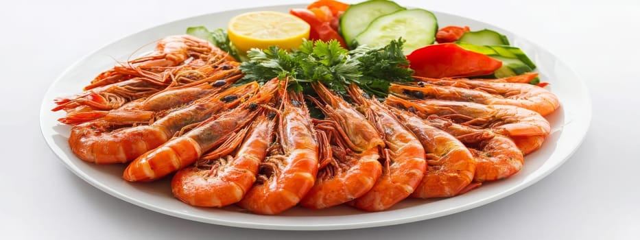 Fried shrimps on a plate with vegetables, Generative AI, food