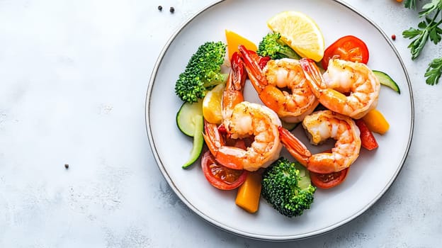 Fried shrimps on a plate with vegetables, Generative AI, food