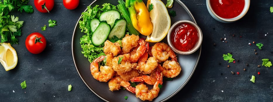 Fried shrimps on a plate with vegetables, Generative AI, food