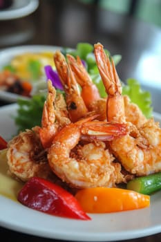 Fried shrimps on a plate with vegetables, Generative AI, food