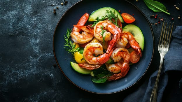Fried shrimps on a plate with vegetables, Generative AI, food