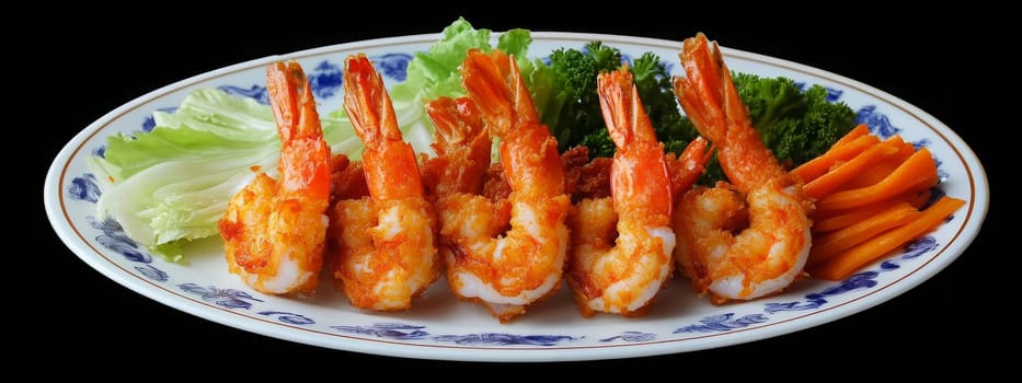 Fried shrimps on a plate with vegetables, Generative AI, food