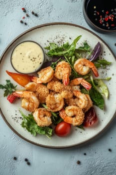 Fried shrimps on a plate with vegetables, Generative AI, food