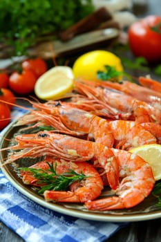 Fried shrimps on a plate with vegetables, Generative AI, food