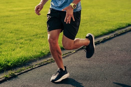 A man is jogging energetically on a clear day, running along a well-maintained path surrounded by lush green grass. The scene captures movement and fitness.