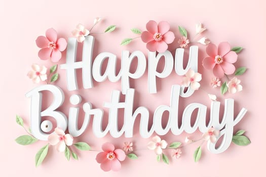 Happy birthday text 3d render pink white flowers design decor decorations card generated ai illustration alt . High quality 3d illustration