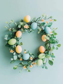 Easter wreath with green leaves and pastel eggs for spring decoration.
