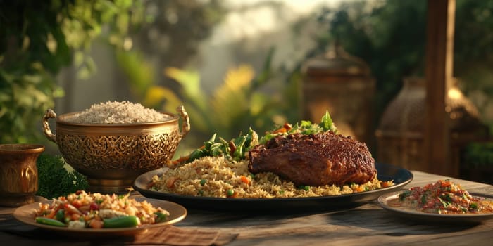 Festive Ramadan dining experience with traditional dishes and decor.