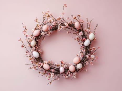 Elegant Easter wreath with delicate blossoms and pastel eggs for spring decoration.