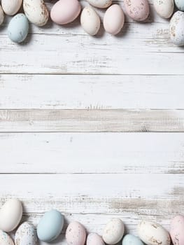 Pastel Easter eggs on white wooden background for spring decoration.