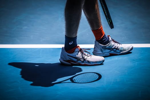 MELBOURNE, AUSTRALIA - JANUARY 10: Alex De Minaur of Australia during practice with Andrey Rublev ahead of the 2025 Australian Open at Melbourne Park on January 10, 2025 in Melbourne, Australia.
